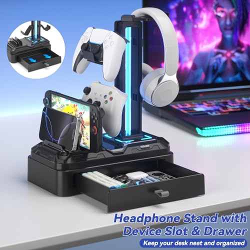 KDD Headphone Stand with USB A&C Charger Ports - RGB Controller Stand with Detachable Hooks - Rotatable Headset Hanger & Device Slot for Phones/Tablets - Drawer Storage Base for Gaming Desk Organizer