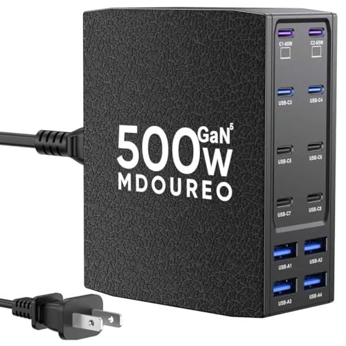 500W USB C Charger Block, 12-Port USB C Charging Station for Multiple Devices, Leather Texture Dual PD 65W Laptop Fast Charger Compatible with MacBook Pro/Air, iPad, iPhone,Galaxy and More, Black - color: Black, size: 5 feet