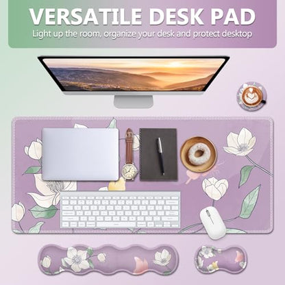 AIMSA Flower Desk Mat, Purple Mouse Pad with Wrist Rest Set, XXL Mousepad+Keyboard Wrist Rest+Mouse Pad Wrist Support+Coaster for Home Office Accessories - color: Purple Flowers