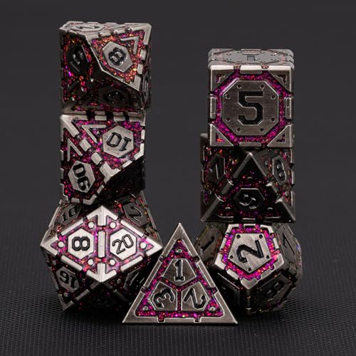 Metal DND Dice Set, Polyhedral Metallic Dice with Cracks for Dungeons and Dragons RPG TTRPG D&D 7-Die Set with Gift Case - color: Ancient Nickel Rose Red