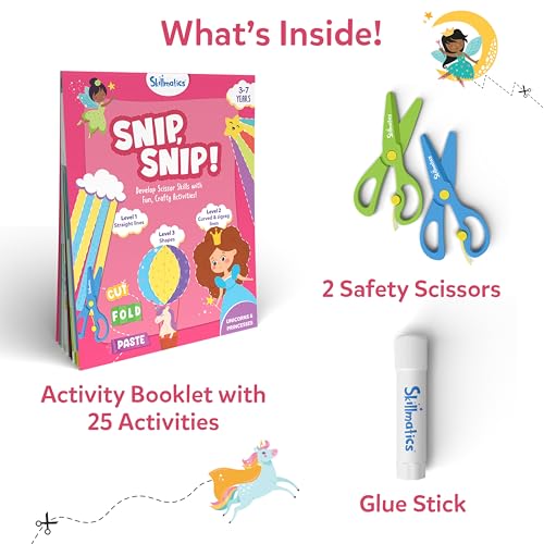 Skillmatics Scissor Skills Activity Book – Snip Snip, Unicorns & Princesses | 25 Cutting & Creative Activities for Preschoolers, 2 Child–Safe Scissors, Felt Craft Kit, Screen-Free Fun, Gift for Ages 3–7 - style: 4. Unicorns & Princesses