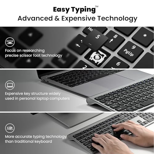 Rechargeable Wireless Keyboard, FullSize Scissor Switch Keyboard, Gray | QWERTY Layout Silent Keyboard, Ergonomic, 12 Multimedia Shortcut Keys for PC/Desktop/Laptop/Windows