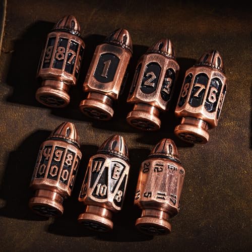 UDIXI Metal DND Bullet Dice Set, 7PCS D&D Metal Polyhedral Dice Set Copper | Cool Design, Magazines Container and PU Leather Bag, for Dungeons and Dragons Role Playing Games and Tabletop Games RPG - color: Ancient Copper