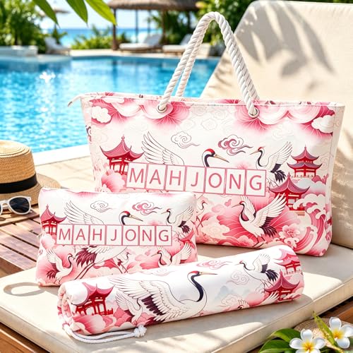 3 Pcs Empty Mahjong Bag Set for Tiles and Racks, 24"x13"x3.2" American Mahjong Tote Bag with Tiles Bag, Protective Sleeve for Rack Pushers, Portable Carrying Case for Travel Party Game Accessories