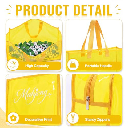 3 Pcs Clear Mahjong Bag Set, Waterproof PVC Tote Bags with Zipper Closure Large Medium Carry Bag with Storage Pouch Transparent Organizer for Mahjong Tiles, Travel,Game(Yellow) - color: Yellow