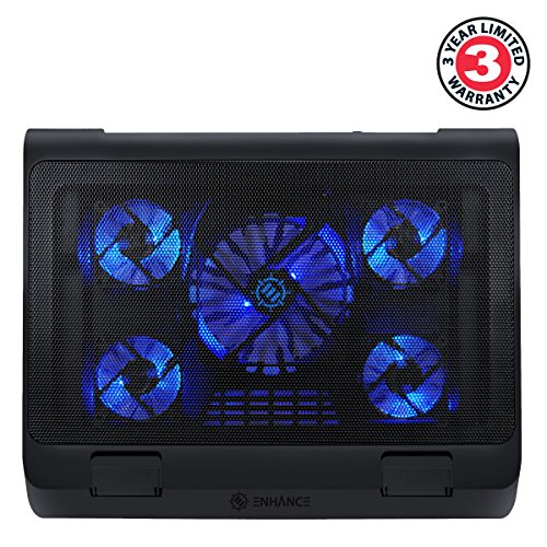 ENHANCE Gaming Laptop Cooling Pad Stand with LED Cooler Fans , Adjustable Height , & Dual USB Port for 17 inch Laptops - 5 Ultra Quiet High Performance Fans 2630 RPM & Built-In Bumpers - Blue - color: Blue
