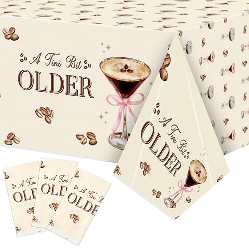 3Pcs Coffee Martini Tablecloths A Tini Bit Older Birthday Table Covers Coffee Espresso Martini Themed Plastic Disposable Rectangular Party Decorations Supplies for Birthday Bachelorette Party - color: Coffee Martini