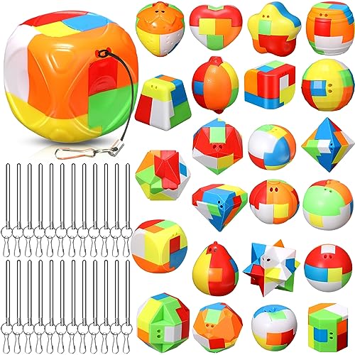 Syhood 24 Pieces Brain Teaser Puzzles for Adults Mind Game Toys Set, 3D Plastic Unlock Interlock Puzzle, Cube, Ball, Barrel, Interlocking Sensory Educational Toys for Mind, Iq, Logic Test