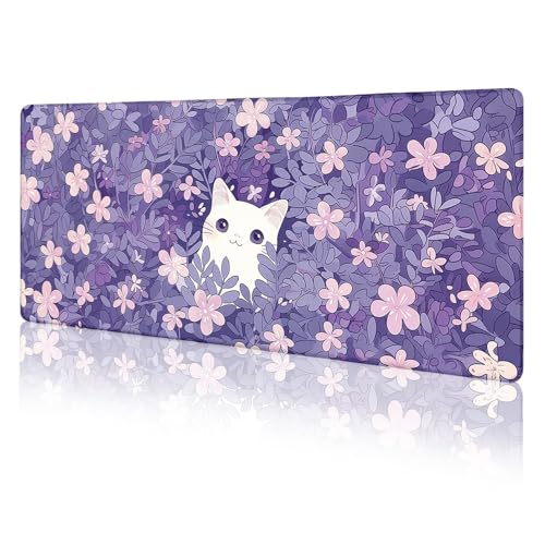LIMKRIAN Cat Purple Mouse Pad Large Desk Mat 31.5x11.8 in | Large Mouse Pad, Stitched Edges, Non-Slip, Kawaii Desk Mat for Keyboard Mouse, Cute Office Desk Accessories Decor for Women - color: Kawaii Anime Cat