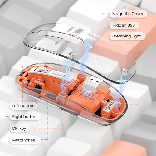 A.JAZZ Wireless Bluetooth5.1&2.4G Mini Lightweight Mouse,Transparent Clear Cool,Rechargeable Silent Computer Mice,Nano USB C Receiver,LED Battery Magic Silm For Office/PC/Mac/Laptop/Apple/ipad(Orange) - color: Orange