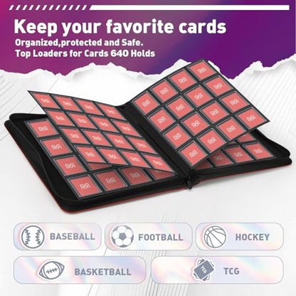 16 Pocket Toploader Binder,Holds 640 TopLoaders (16Red) | Top Loader Binder for 3" x 4"Rigid Cards,Sleeves Card Collection Binder,20 Double Sided Pages with Trading & Sports Holder - color: 16Red