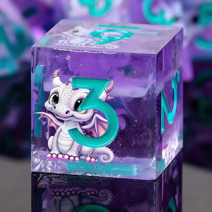 Double Layered Resin Dice Set 7pcs d4 d6 d8 d10 d12 d20 Dragon Pattern& Blue umbers Sharp Edged Polyhedral Dice Apply to D&D DNDRole Playing Game RPG Party Gift - color: Purplish Blue