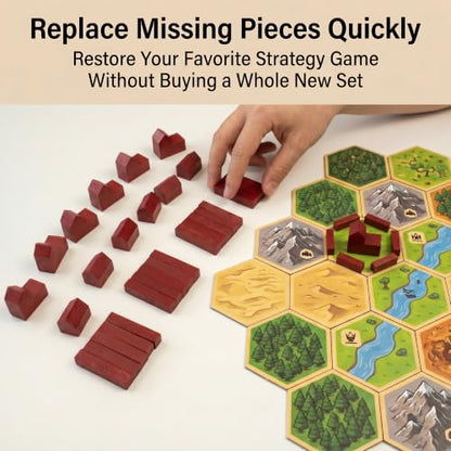 Replacement Pieces for Settlers of Catan – Roads, Settlements & Cities Set, Durable Game Tokens, Compatible with Catan Board Game Accessories, Game Pieces Plus Bonus Pieces (Red) - color: Red
