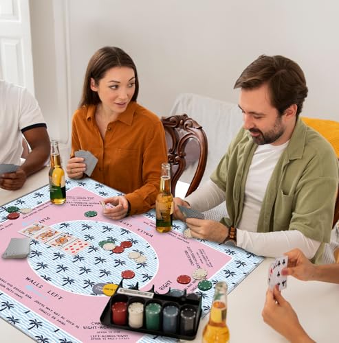 Tropical Palm Tree Mahjong Mat 31.5" x 31.5", Pink and Blue Coastal Beach Non-Slip Noise Reduction Mahjong Table Cover Accessories Supplies for Dominoes Poker Card Board and Tile Games Gifts - color: Tropical Palm Tree