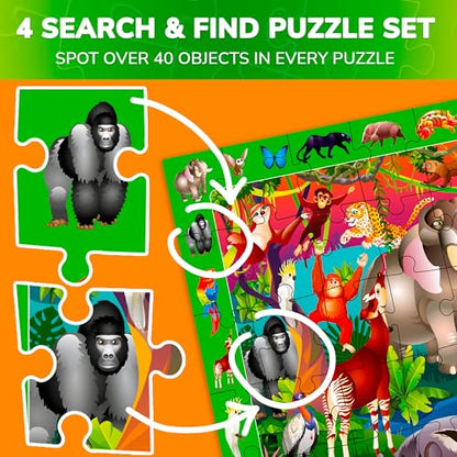 Jigsaw Puzzles for Kids Ages 4-6 - 4 x 60 Piece Kids Puzzles Ages 5-8 | Search and Find Puzzles for Kids Ages 6-8 - Toddlers Puzzles Ages 3-5 Year Old - Forest, Polar, Usa Park and City Animal - color: Animals