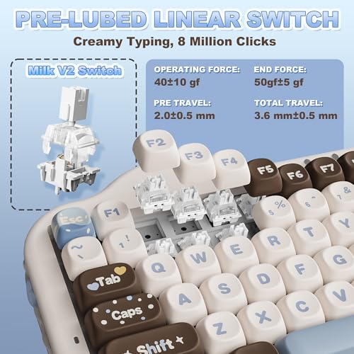 YUNZII C75 Wireless Mechanical Keyboard, 75% Layout, Hot-Swappable NKRO, BT5.0/2.4G/USB-C Mode, Dye-Sub PBT MOA Keycaps, RGB Gasket Mount, Cute Cake Design for Mac/Win/Gaming (Choco, Milk V2 Switch) - color: Choco, size: Milk V2 Switch