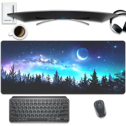 Starry Night Forest Large Gaming Mouse Pad Desk Pad, 27.5x11.8in Moon Galaxy Extended Desk Mat with Stitched Edges, Non-Slip Waterproof Rubber Base for Office, Computer & Laptop - color: Forest, Starry Sky, Moon
