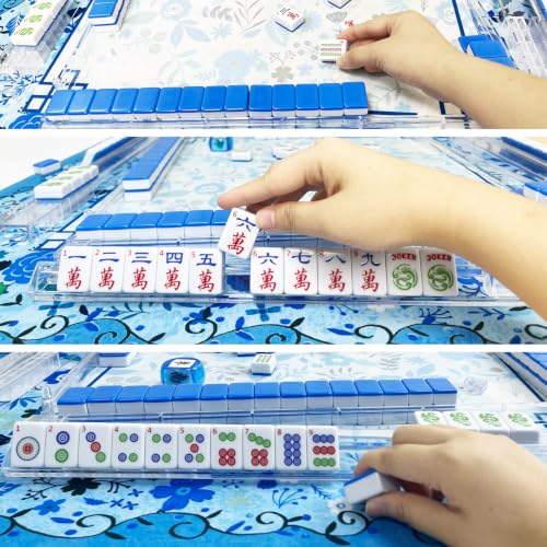 American Mahjong Game Set, Complete Mahjong Set with 160 Premium White Tiles and Mahjong Racks, Bag and Accessories for Family Party (Blue Bag)