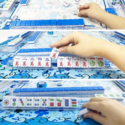 American Mahjong Game Set, Complete Mahjong Set with 160 Premium White Tiles and Mahjong Racks, Bag and Accessories for Family Party (Blue Bag)