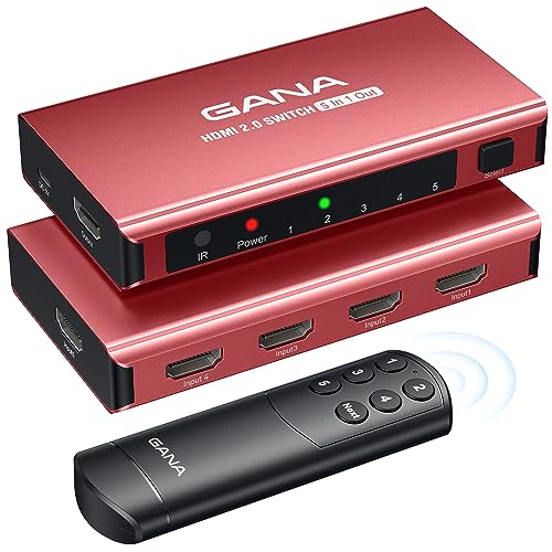 HDMI Switch 5 in 1 Out 4K@60Hz, GANA HDMI Splitter Switcher with Remote, Aluminum HDMI 2.0 Switch Box Hub for 3D, HDCP2.2, HDR, Compatible with Xbox, PS5/4/3,Fire Stick,Roku,Blu-Ray Player, Red - color: Red
