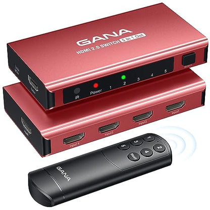 HDMI Switch 5 in 1 Out 4K@60Hz, GANA HDMI Splitter Switcher with Remote, Aluminum HDMI 2.0 Switch Box Hub for 3D, HDCP2.2, HDR, Compatible with Xbox, PS5/4/3,Fire Stick,Roku,Blu-Ray Player, Red - color: Red