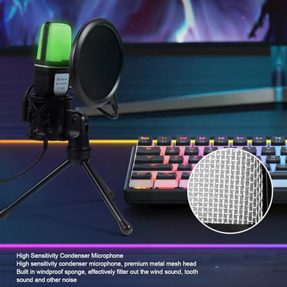 Asixxsix Gaming USB Microphone, Noise Cancellation Condenser Mic with RGB Light & Tripod Stand, Desktop Wired Gaming Microphone for Podcasts Videos, Streaming, PC, Computer