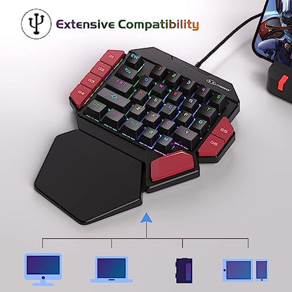 MageGee One Handed Professional Gaming Keyboard, RGB Backlit 35 Keys Mini Wired Mechanical Keyboard with Red Switch for PC Gamer, Support 6 Macro Keys - Black/Red - color: Black/Red Switch