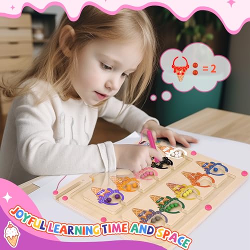 wakeInsa Magnetic Color and Number Maze,Montessori Toy for 2-5 Years Old Girls,Wooden Magnet Balls Puzzles,Toddler Busy Board Game,Preschool Learning Activities,Christmas & Birthday Gift for Kids - style: Magnet Toys - Ice Cream