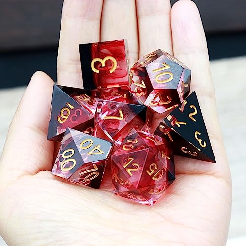 Haxtec Sharp Edge DND Dice Set Red Blood Swirls Resin Dice D&D Dice for RPG Role Playing Games Compatible with Dungeons and Dragons Gift - color: Red Gold