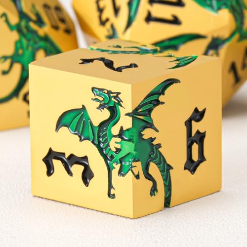 Metal DND Dragon Dice Set,D&D Polyhedral Dice with Dragon for Dungeons and Dragons RPG TTRPG D and D 7-Die Set with Gift Case Dragon-Pearl Gold Transparent Green - color: Dragon-pearl Gold Transparent Green