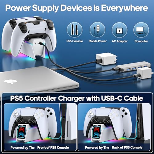 PS 5 Controller Charger Station Compatible with Play 5 Faceplates Edge & Dual Controller, PS 5 Accessories Charging Station, PS 5 Charging Dock Stand with LED Indicators for PlayStation Consoles - color: White