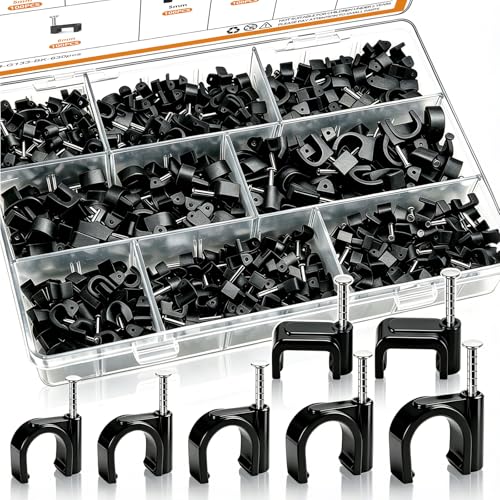 mankk 630PCS Black Cable Clips Nail in Cable Clips Wire Clips 4/5/6/8/10mm Round & Square Ethernet Cables Wall Clips for Cords RG6 RG59 CAT5 CAT6 RJ45 - color: Black-630PCS