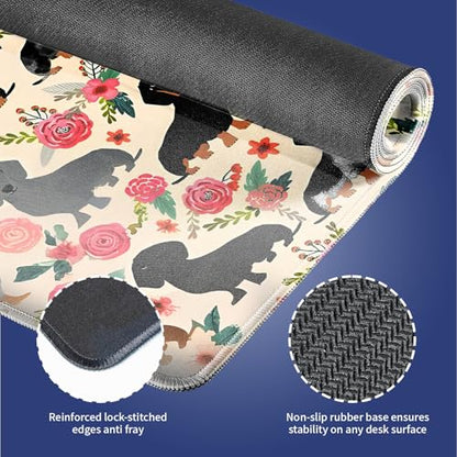 Cute Floral Dachshund Puppies Large Mouse Pad, Wiener Dog Flowers Desk Mat | Funny Doxie Pets Cartoon Art, Seamless Fantasy Design, Pink Rose Animal Print, 31.5" x 11.8", XXL Stitched Keyboard Mat - color: Floral Dachshund
