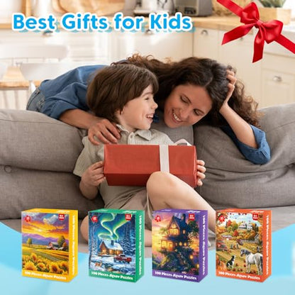 4 Packs 100 Piece Puzzles for Adults, 4 Themed Large Piece Puzzles for Seniors Jigsaw Puzzles for Kids Ages 6-8 8-10 Learning Educational Toys for Boys and Girls - style: Farm Snowy Auror Harvest Season