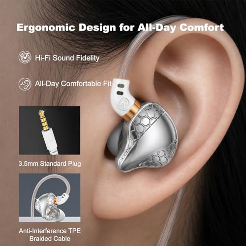 In Ear Monitor Headphones Dual Magnetic Dynamic Driver IEM with Mic, Silver | Hybrid Banlance Armature with Dynamic in Ear Headphones IEM Earphones Gaming Earbuds - color: H89-Silver
