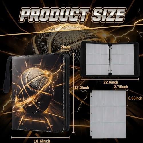 Trading Card Binder 9 Pocket, Gold Basketball Card Binder Holds 900 Cards with 50 Removable Sleeves, Waterproof PU Leather with Zipper Card Collector Album Book Compatible with TCG Cards - color: Gold Basketball