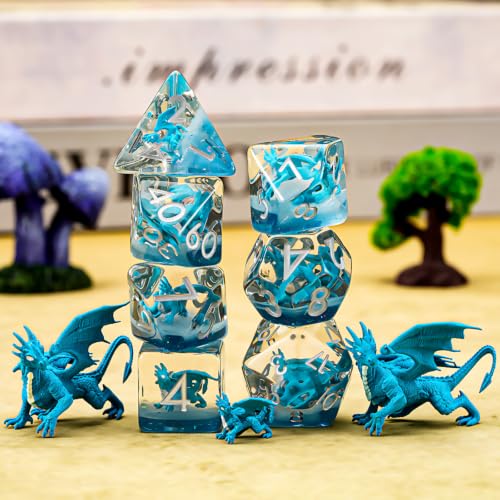 Dragon Resin D&D Dice Set, 7-Piece DND Polyhedral Dice (D4, D6, D8, D10, D12, D20, D%) Dungeons and Dragons Dice Set - color: Blue Dragon