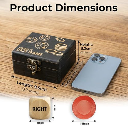 Left Right Roll Dice Game Set, 3 Wood Dice & 36 Plastic Chips | Travel Wooden Box, Fun Family Party Dice Games, For Adults, Teens & Friends, Black - color: Black
