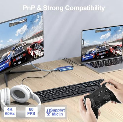 4K HDMI to USB3.0 Capture Card,1080P 60FPS, Audio Video Capture Card for Game Capture Card Nintendo Switch Streaming Work with PS4/PS5/PC/OBS/Camera/Xbox (Blue) - color: Blue
