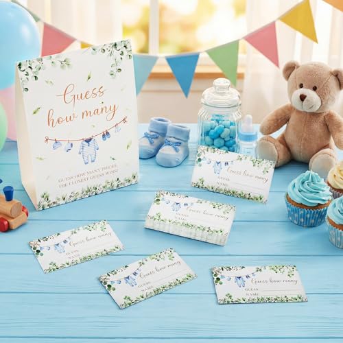 Blue Clothes Guess How Many Baby Shower Game Pack of 1 Tabletop Sign with Stand and 50 How Many Cards, Eucalyptus Gender Reveal Party Game Decorations - style: Eucalyptus