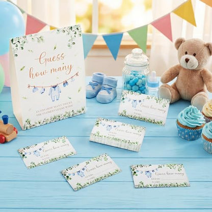 Blue Clothes Guess How Many Baby Shower Game Pack of 1 Tabletop Sign with Stand and 50 How Many Cards, Eucalyptus Gender Reveal Party Game Decorations - style: Eucalyptus