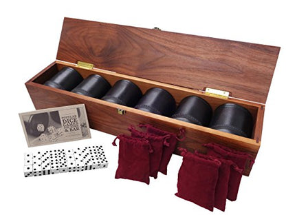 Golden Gate Dice Shaker Cup Set of Six in Walnut Presentation Case Includes Thirty White Dice and a Book of Dice Games (Includes Liars Dice) (Dice Cup Set) - style: Six-Leather Dice Cups In Walnut Case (Not Personalized)