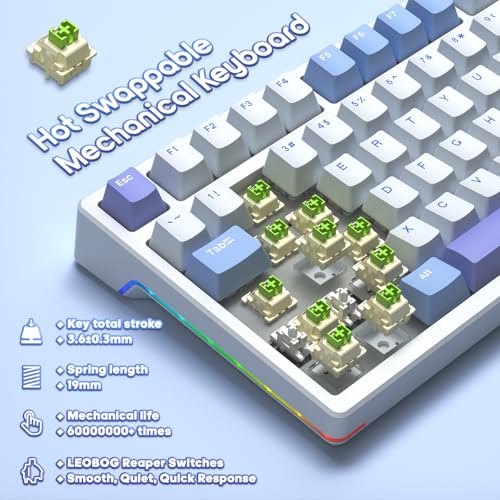 AULA Mechanical Keyboard, Wireless Gaming Keyboards 99 Keys Tri-Mode BT5.0/2.4GHz/USB-C Hot Swappable Custom Creamy Keyboard,RGB Backlit Computer Keyboards w/Pre-lubed Linear Switches Gasket Structure - color: White&Blue&Purple