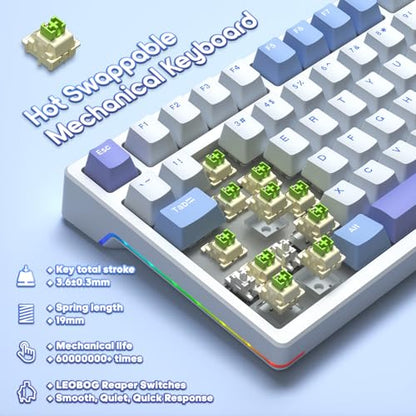 AULA Mechanical Keyboard, Wireless Gaming Keyboards 99 Keys Tri-Mode BT5.0/2.4GHz/USB-C Hot Swappable Custom Creamy Keyboard,RGB Backlit Computer Keyboards w/Pre-lubed Linear Switches Gasket Structure - color: White&Blue&Purple