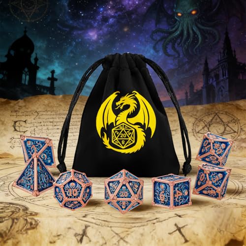 Metal Dice Set, Octopus Pattern, 7pcs Polyhedral Metal DND Dice Set, DND Starter Set, D&D Gifts with Gift Bag, Role Playing Board Games Accessories, Red Copper Border Blue - color: Blue With Gift Bag