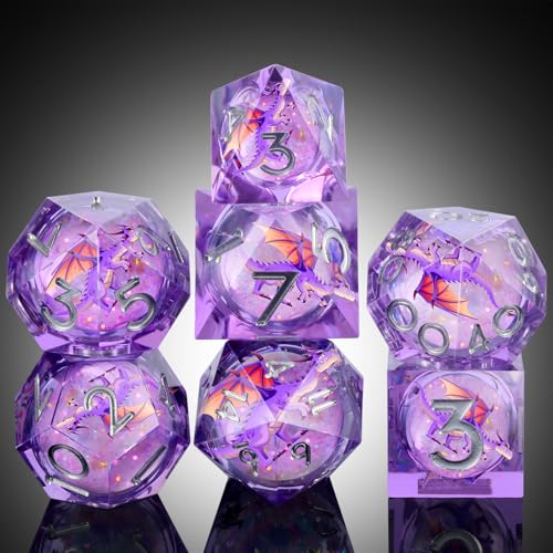 DNDND Purple Dragon Dice with Silver Numbers | Liquid Core 7-Piece Sharp Edge D&D Dice Set | Dragon Themed Collectible Metal Case | RPG Tabletop Gaming Gift - color: Liquid Dragon Purple