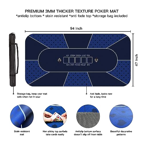 94 x 47 Inch Poker Mat with Stronger Sewn Edges, 10 Players Texas Hold'em Poker Rubber Mat Poker Topper for Tables, Folding Portable Poker Table Top Layout w/Carrying Bag for Poker Games, Blackjack - color: 94x 47 Inch Blue