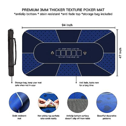 94 x 47 Inch Poker Mat with Stronger Sewn Edges, 10 Players Texas Hold'em Poker Rubber Mat Poker Topper for Tables, Folding Portable Poker Table Top Layout w/Carrying Bag for Poker Games, Blackjack - color: 94x 47 Inch Blue