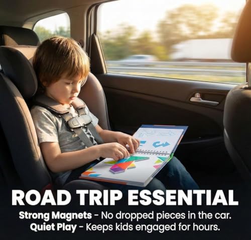 TRAVOFUN Magnetic Tangram Puzzle | Travel Games for Kids Ages 4-8 | Travel tangram puzzle with 7 magnetic pieces and 56 challenges builds spatial thinking in a compact 6.5-inch activity book. - style: Tangrams Game