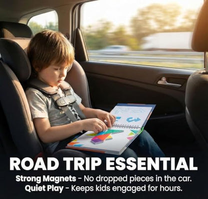 TRAVOFUN Magnetic Tangram Puzzle | Travel Games for Kids Ages 4-8 | Travel tangram puzzle with 7 magnetic pieces and 56 challenges builds spatial thinking in a compact 6.5-inch activity book. - style: Tangrams Game